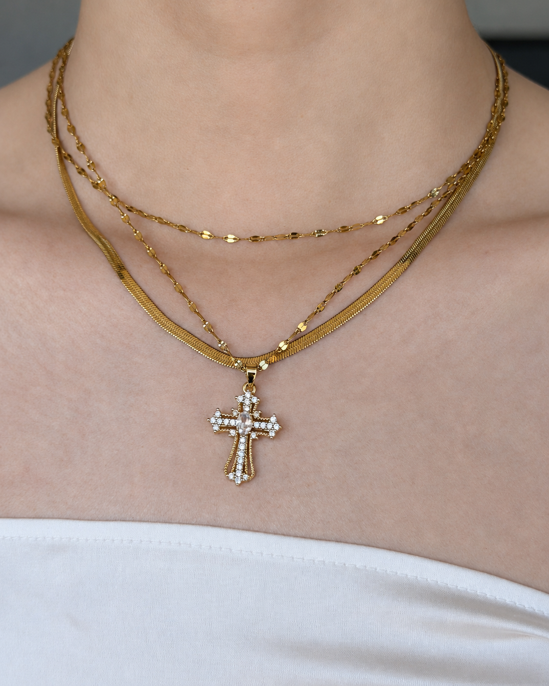 Layered Crystal Cross Necklace