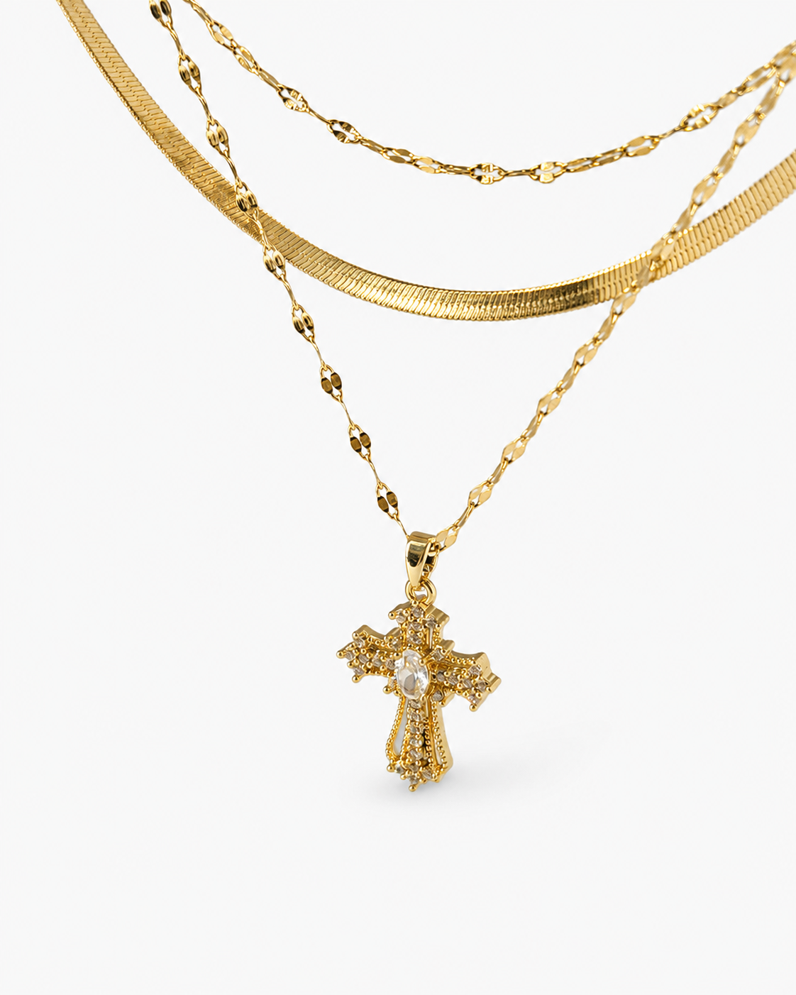 Layered Crystal Cross Necklace