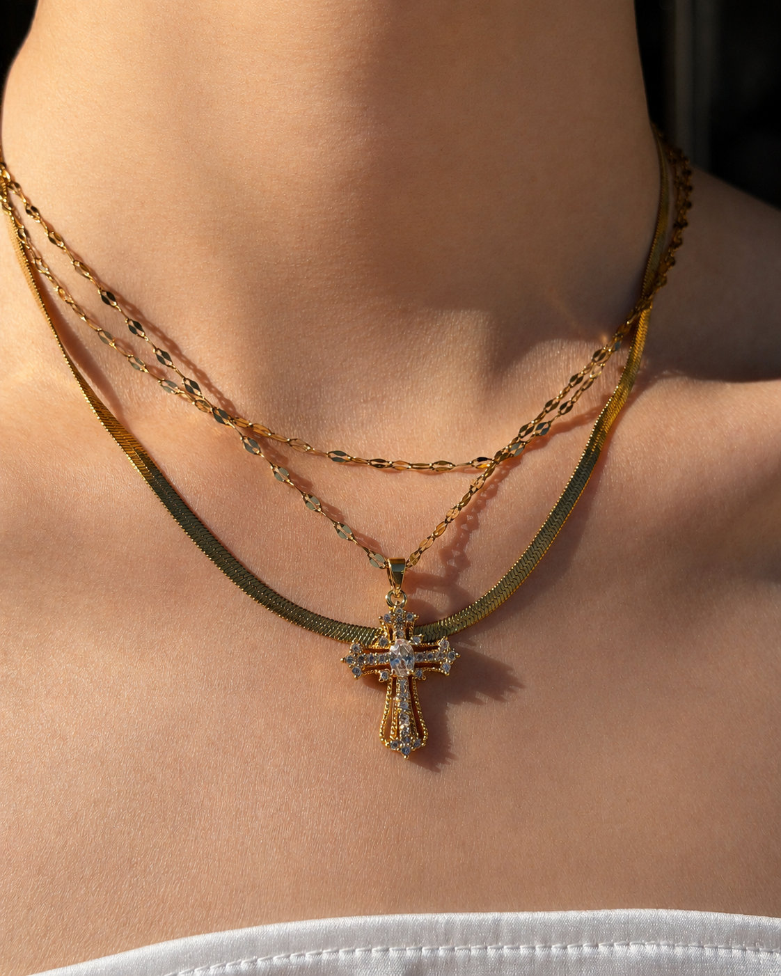 Layered Crystal Cross Necklace